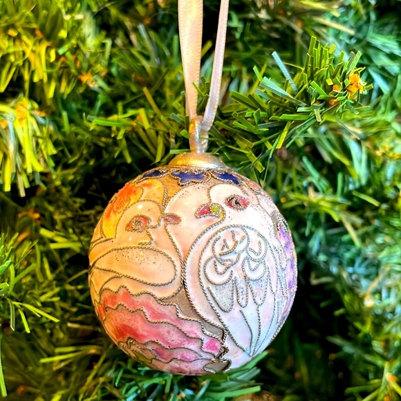 Vintage Nyco Cloisonne Christmas Round Ball Ornament Turtle Doves Silver Enamel - Picture 13 of 14